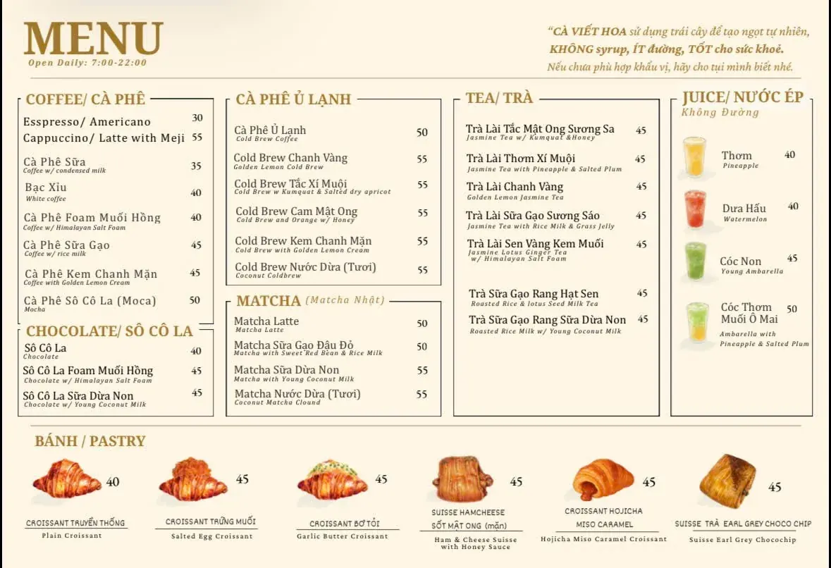 Menu Cà Viết Hoa: cà phê truyền thống, cold brew, trà lài, matcha và bánh croissant